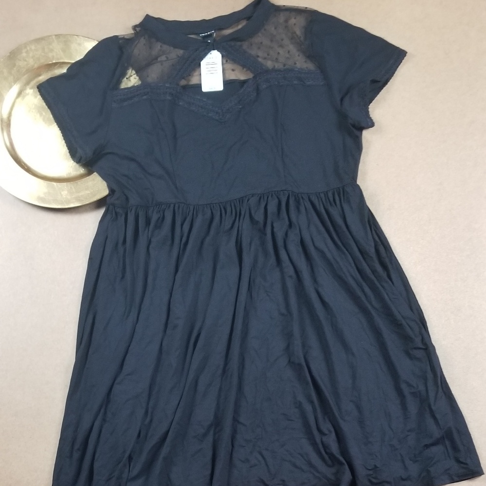 Torrid Black Short Sleeve Dot Mesh Inset Skater Dr